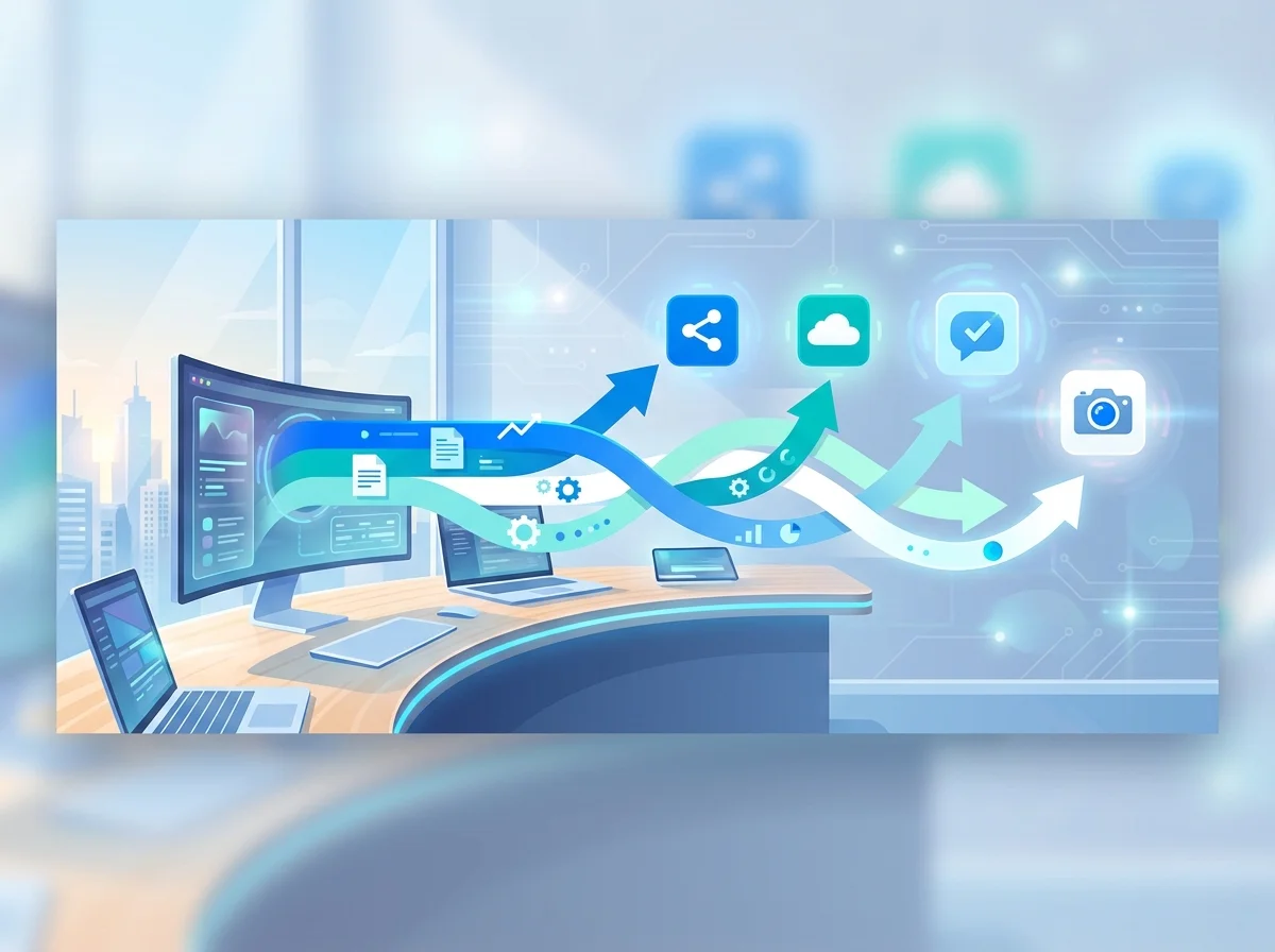 Illustration of an automated content process for marketing with AI, showing connected screens and workflow arrows in a modern workspace