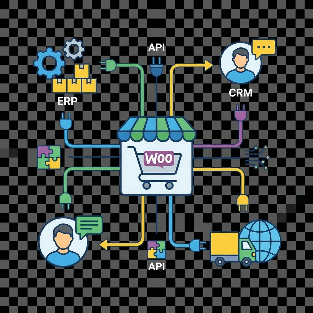 Illustration of WooCommerce API integrations with external systems