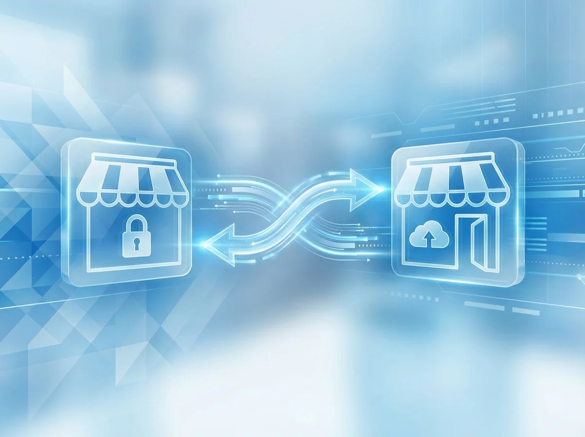 Abstract concept image of migrating an online store from one platform to another with arrows between storefront icons