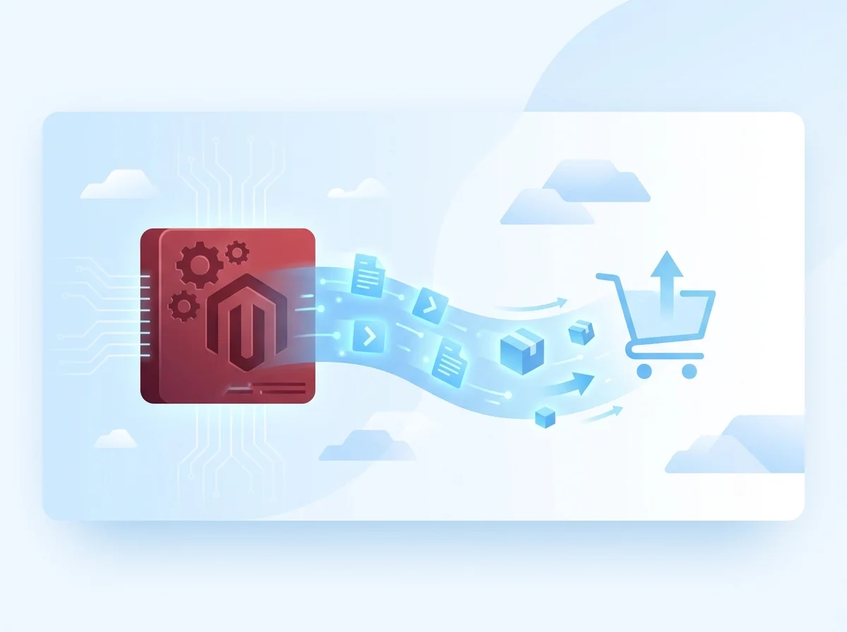 Abstract illustration of data migrating from Magento to WooCommerce in a professional, modern flat style.