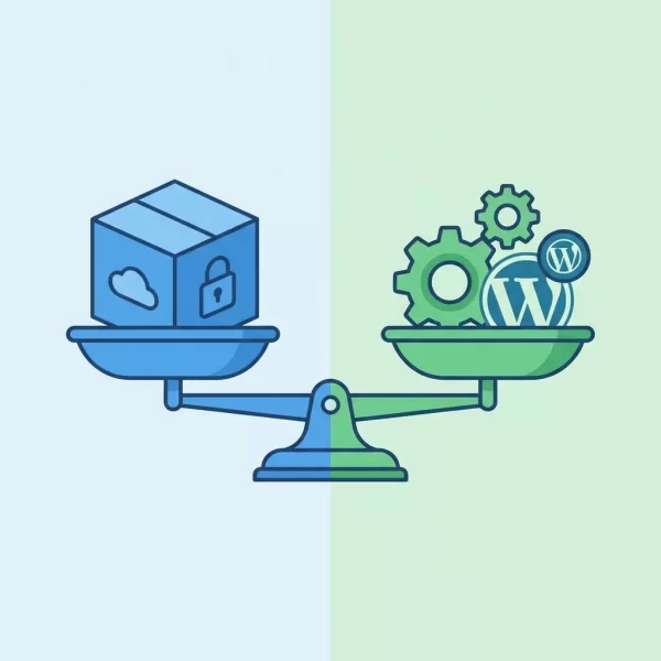 Illustration comparing a closed SaaS box versus flexible WordPress gears on balanced scales