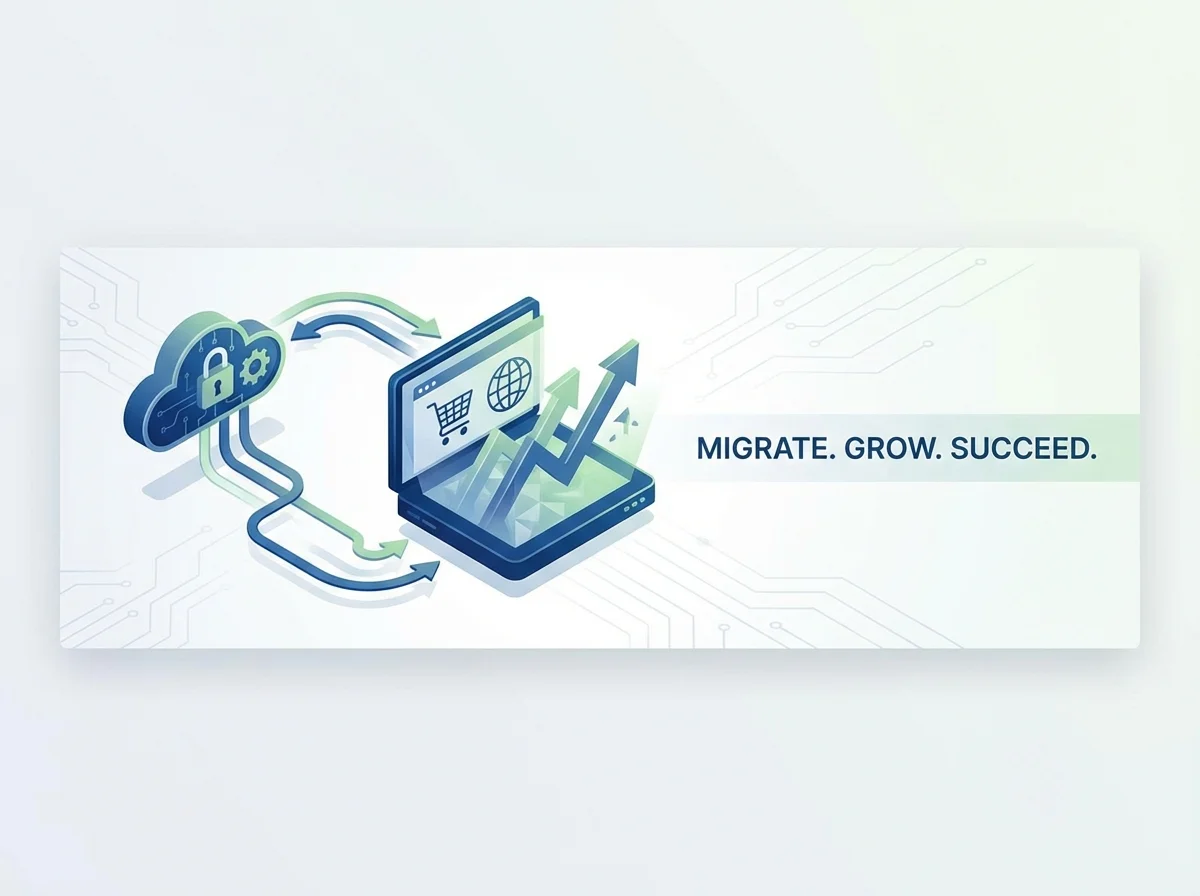 Abstract landscape hero illustration of migrating an online shop to WooCommerce, with arrows and webshop icons symbolising flexibility and growth.