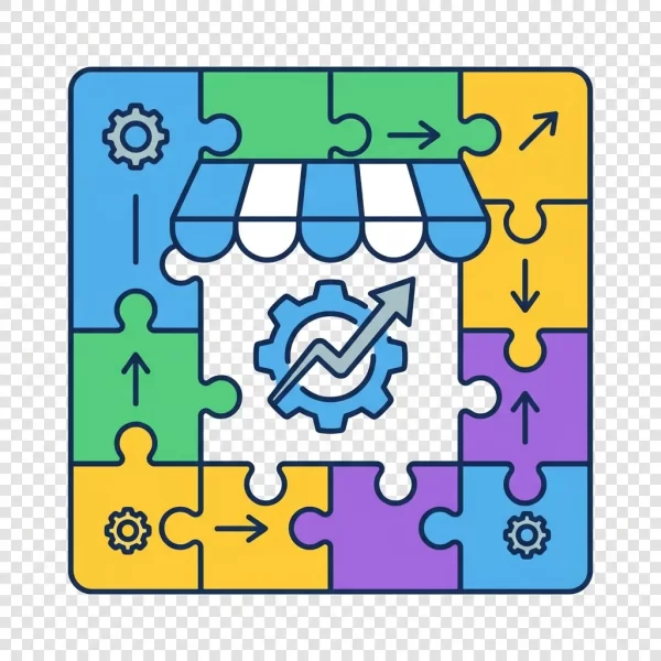 Illustration of puzzle pieces forming an online storefront symbolizing flexibility and scalability