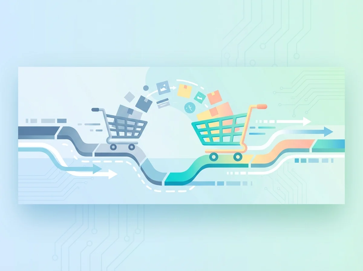 Abstract hero illustration showing migration of an online store platform, with products moving between shopping carts in a dynamic flow