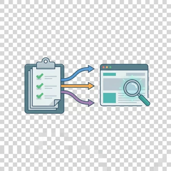 Illustration of technical SEO migration checklist with clipboard and arrows representing redirects