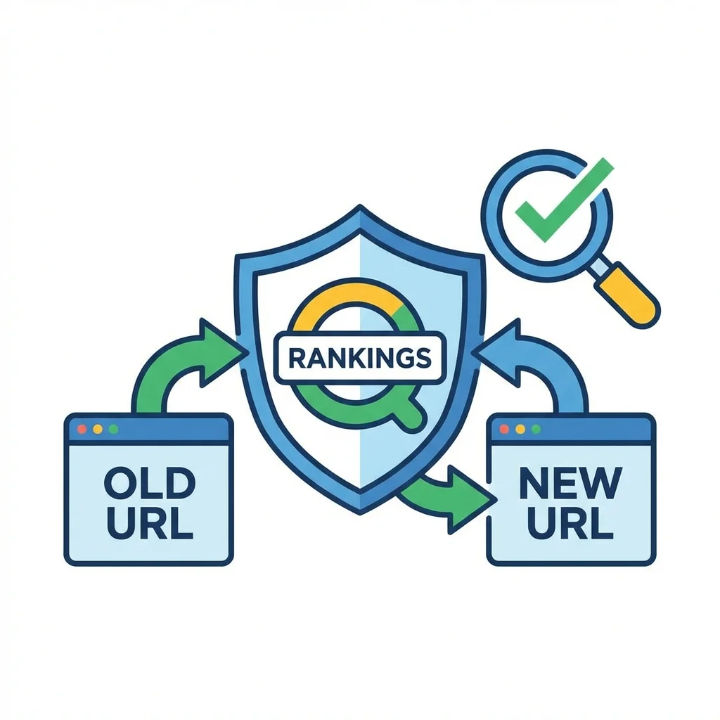 Illustration visualizing SEO migration with 301 redirects and search icons