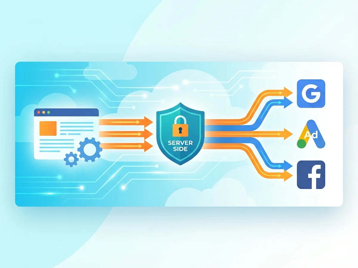 Illustration of server side tagging data flow from website server to analytics platforms