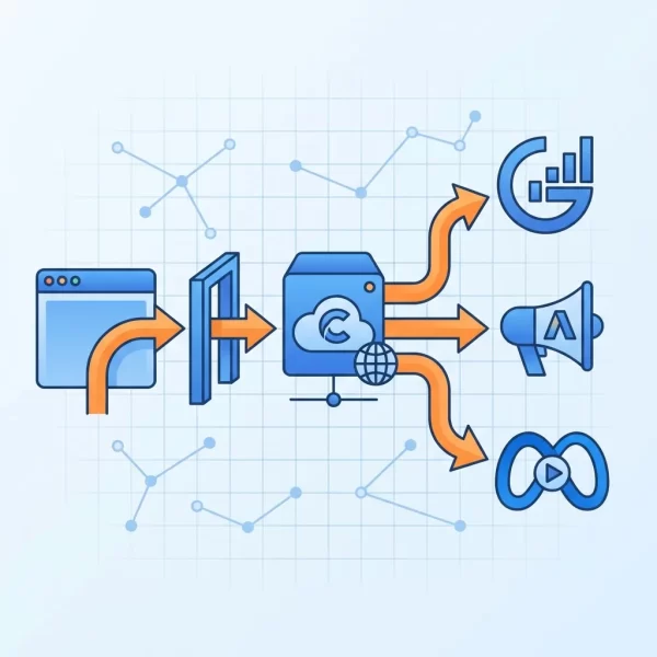 Diagram of server side tagging data route from browser to server to analytics platforms